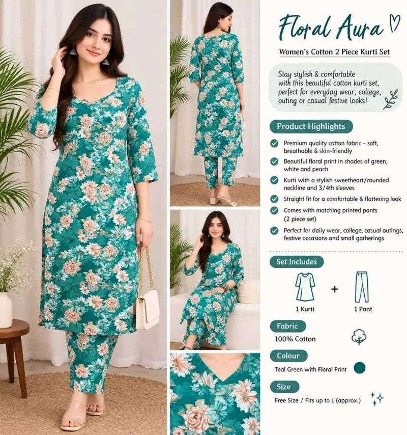 Teal Green Floral Cotton 2PC Kurti Pant Set | Bran
