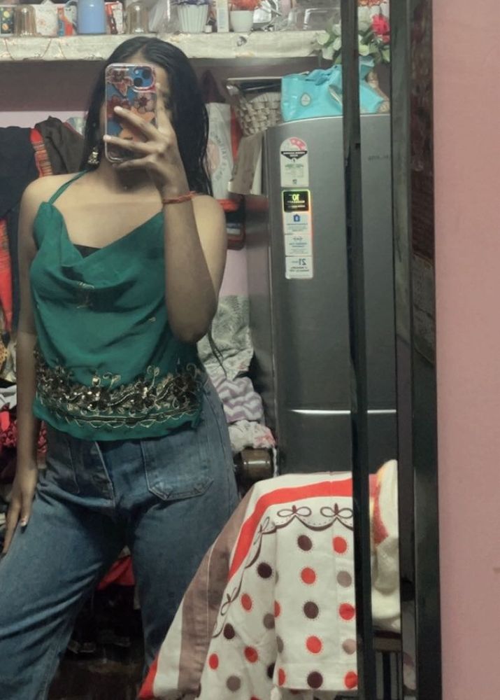 Chatpata90s Elegant Green Embellished Halter Top