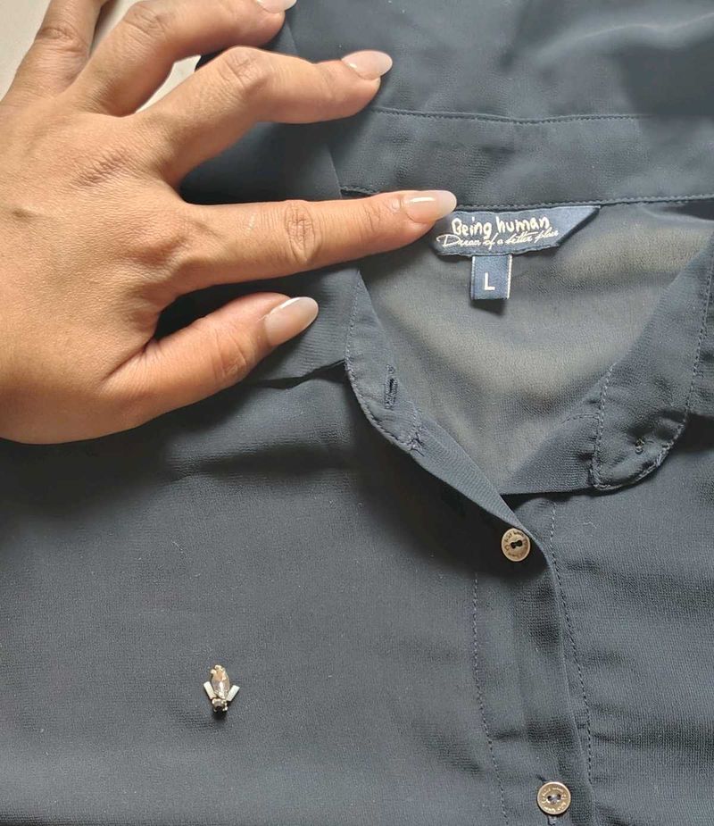 Chic Dark Blue Sheer Button-Up Top