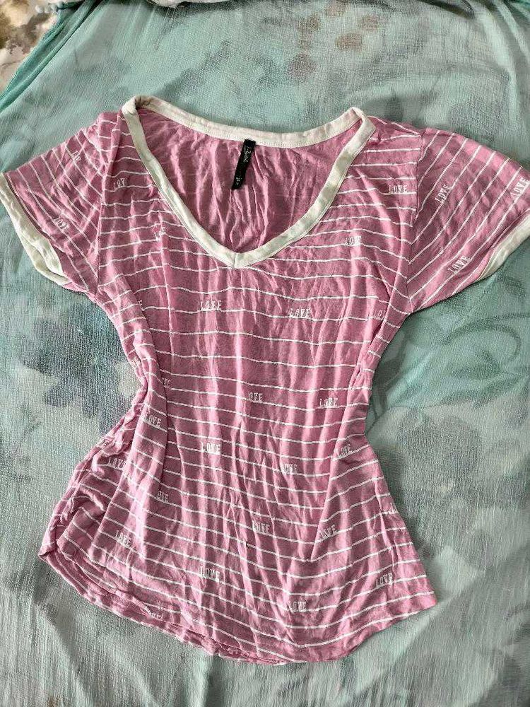 Cute Pink Striped 'Love' V-Neck Top