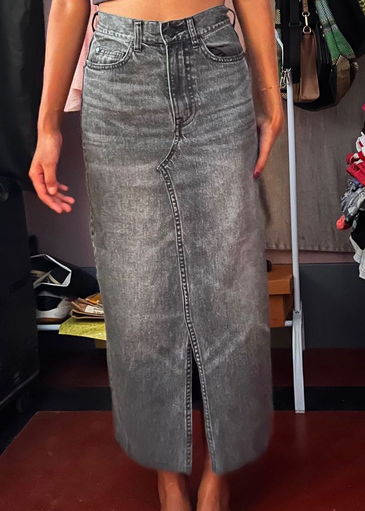 H&amp;M Black Wash Denim Maxi Skirt