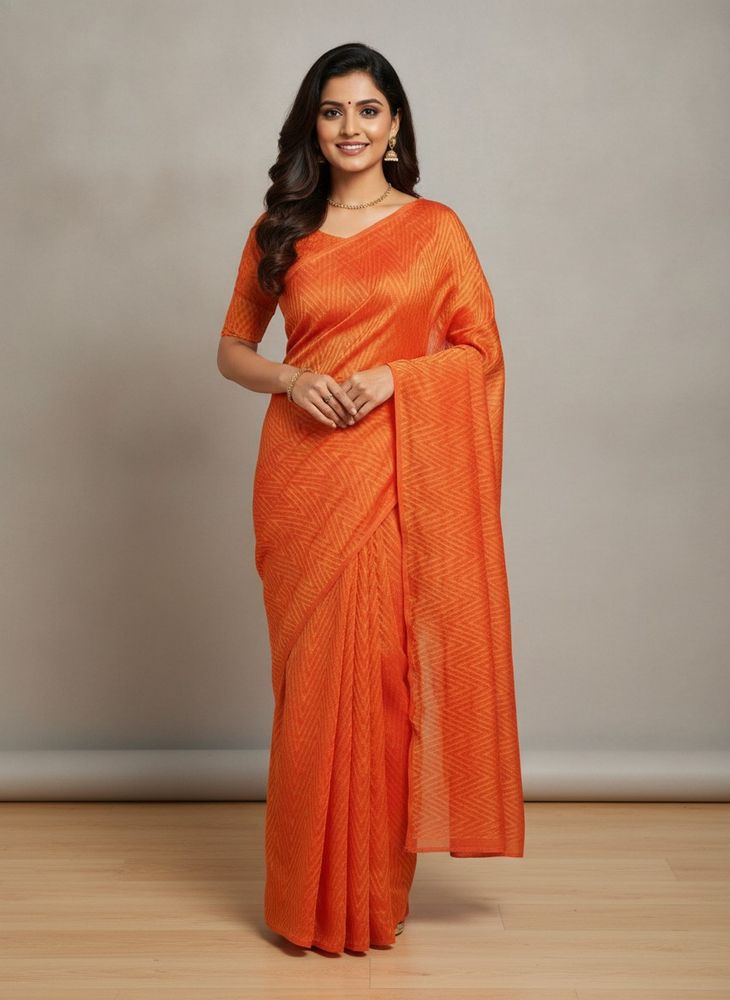 Vibrant Orange Geometric Print Saree