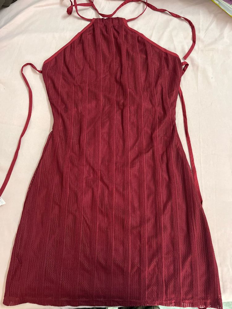 Burgundy Mesh Halter Dress