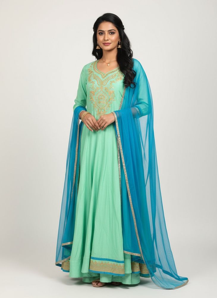 Mint Green &amp; Blue Embroidered Ethnic Gown/anarkali