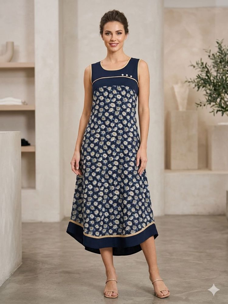 Navy Floral Sleeveless Midi Dress