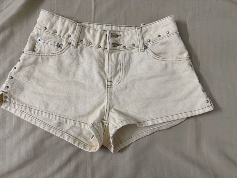 Cream Studded Denim Shorts