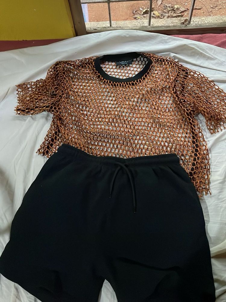 Stylish Mesh Top &amp; Black Shorts Set