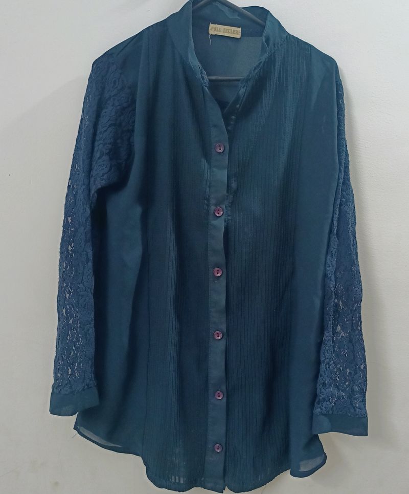 Navy Blue Shirt Dress With Lacy Sleeves