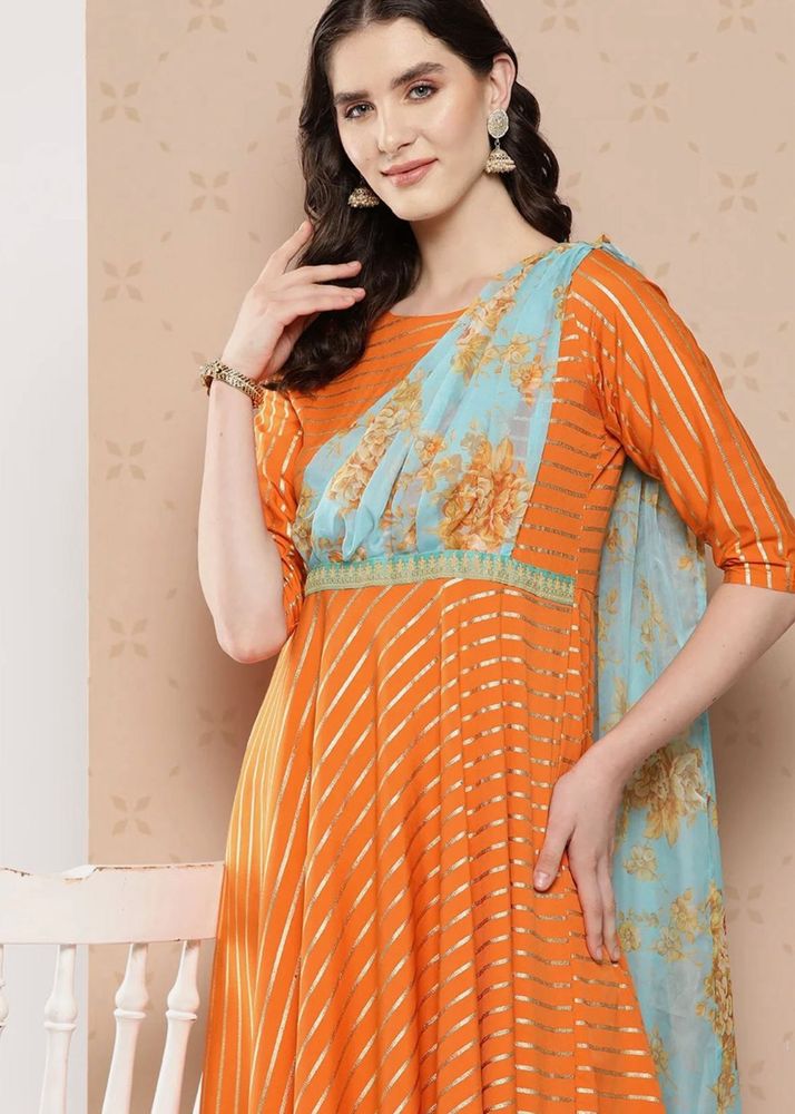 Sequined Empire Ethnic Dress with Attached Dupatta