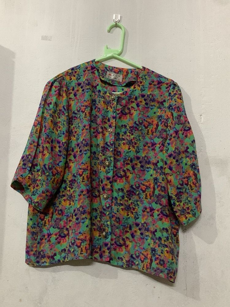 Colorful Floral Print Button-Up Blouse
