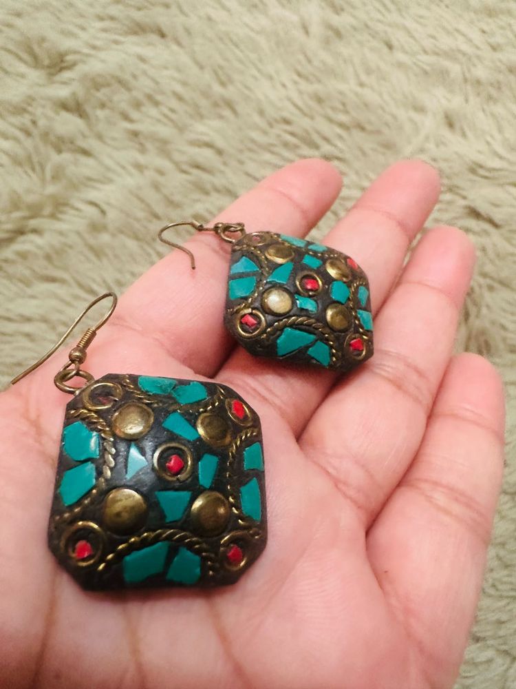 Bohemian Turquoise &amp; Red Stone Earrings