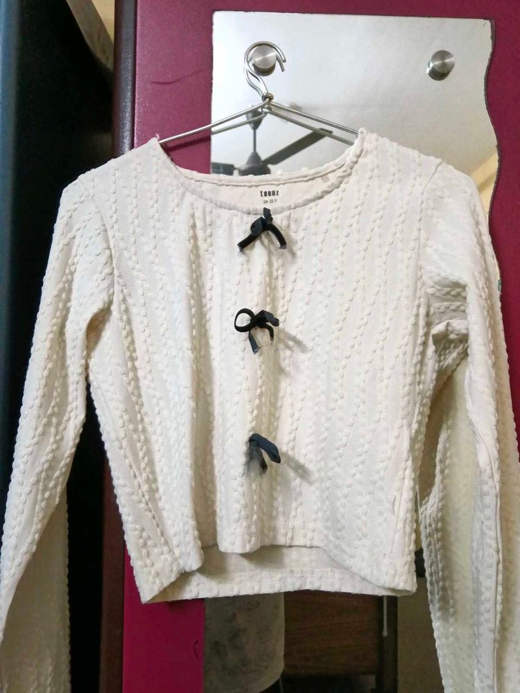Cream Textured Cropped Top with Bows