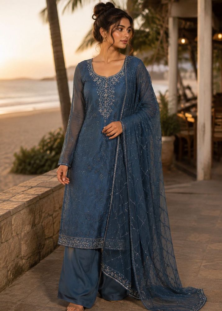 Embellished Teal Kurta with Dupatta