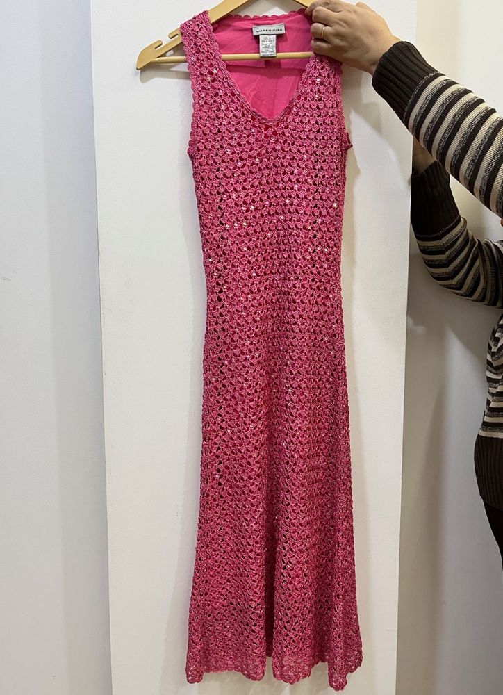 Magenta hand knitted sequins dress