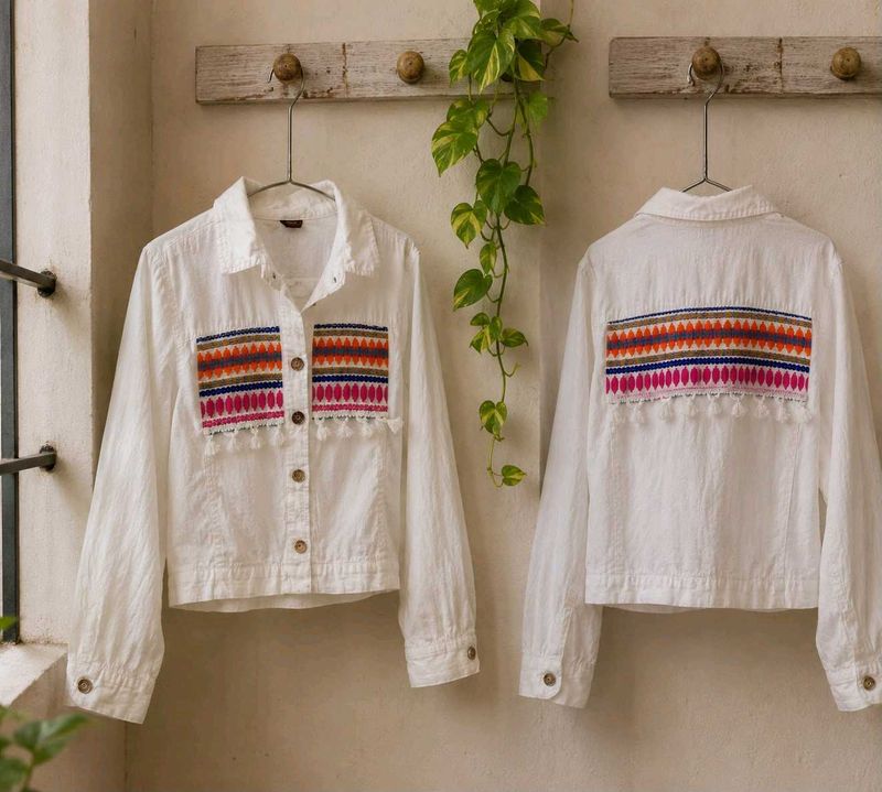 Embroidered White Denim Jacket