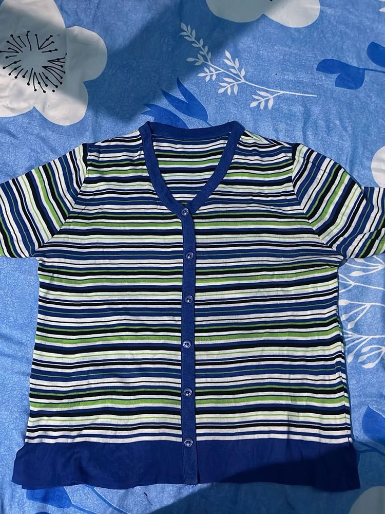 Striped V-Neck Button-Up Top