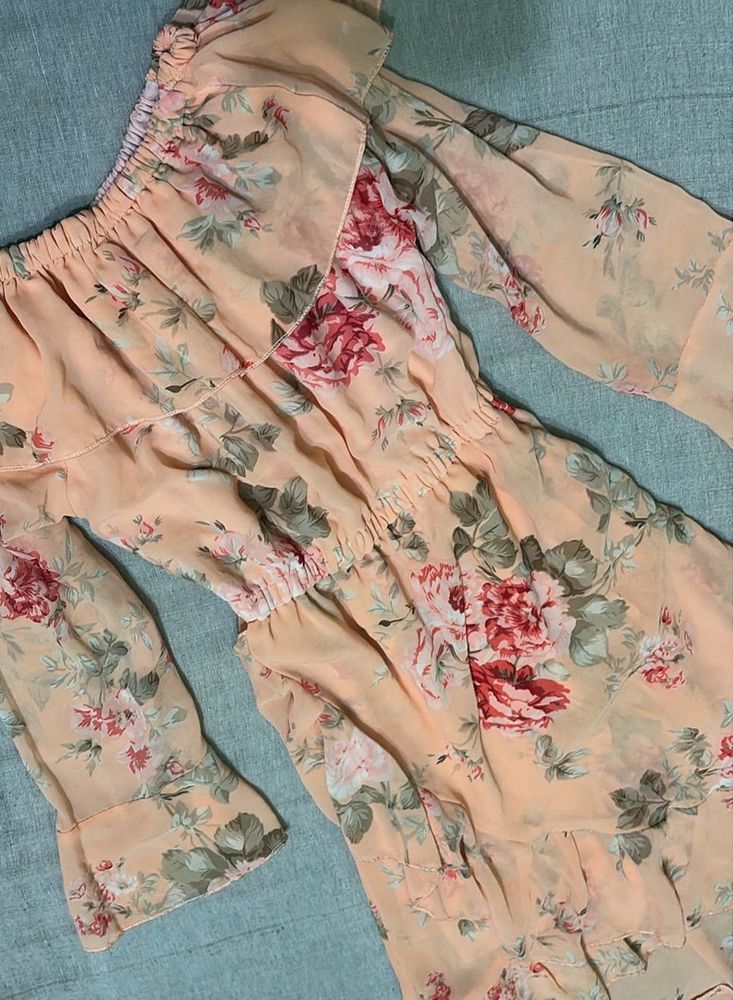 Floral Off-Shoulder Ruffle Dress and peach kurti