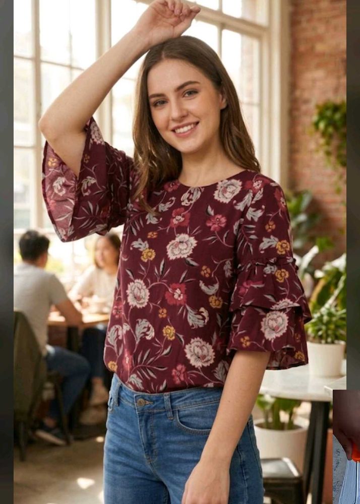 Maroon Floral Print Bell Sleeve Top