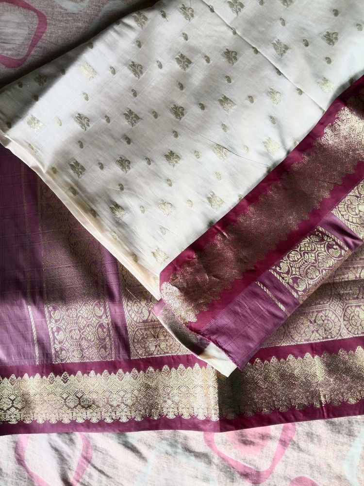 cream maroon wine banarasi pattu saree