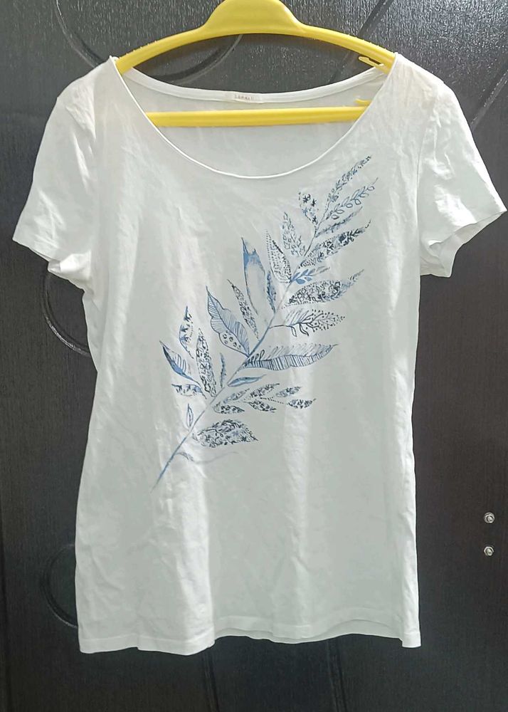 White T-Shirt with Blue Leaf Print