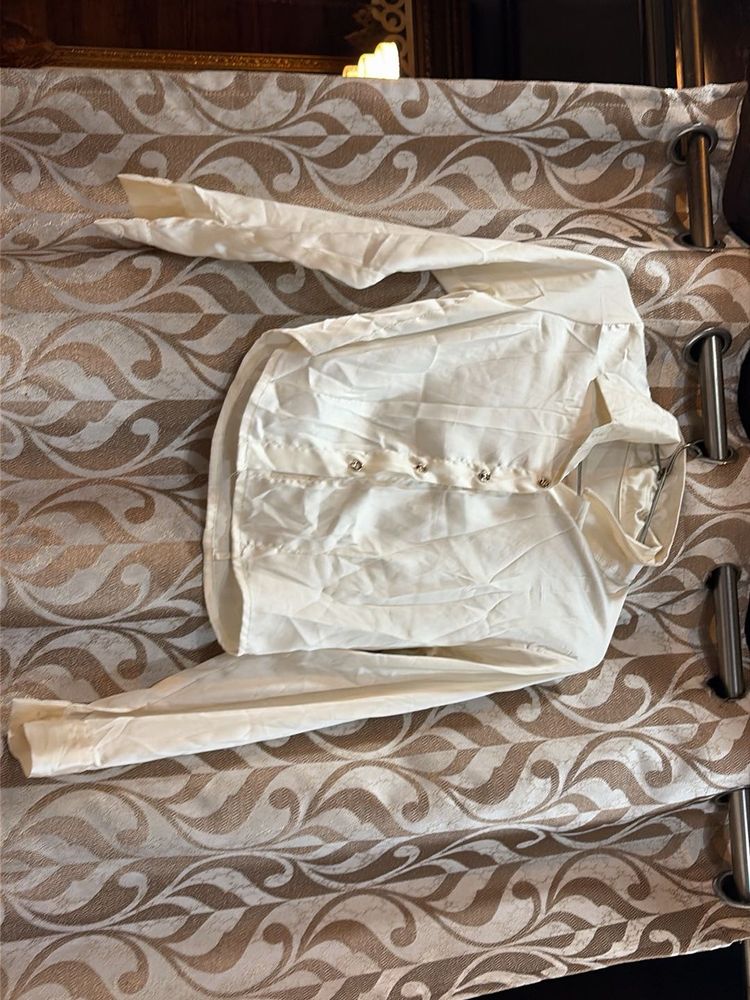 Cream Collared Button-Up Satin Shirt