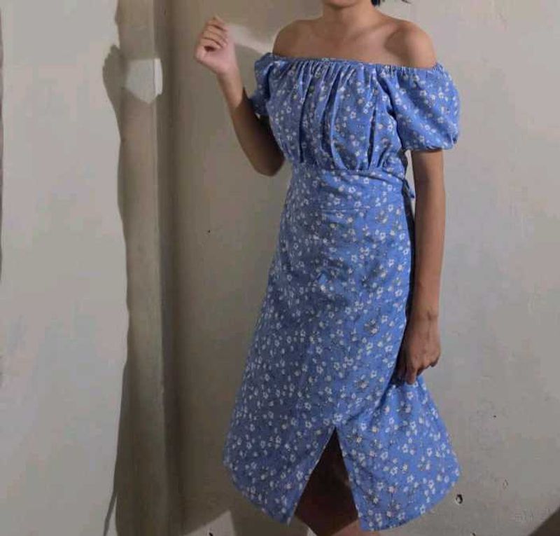 Blue Floral Off-Shoulder Dress