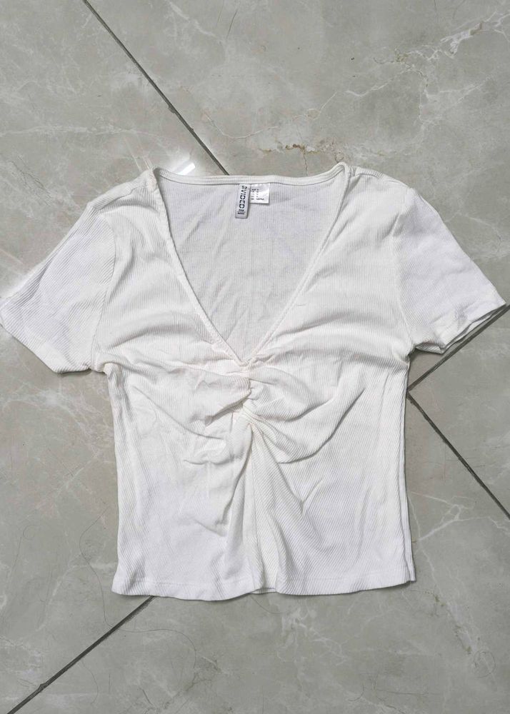 White V-Neck Twist Front Top