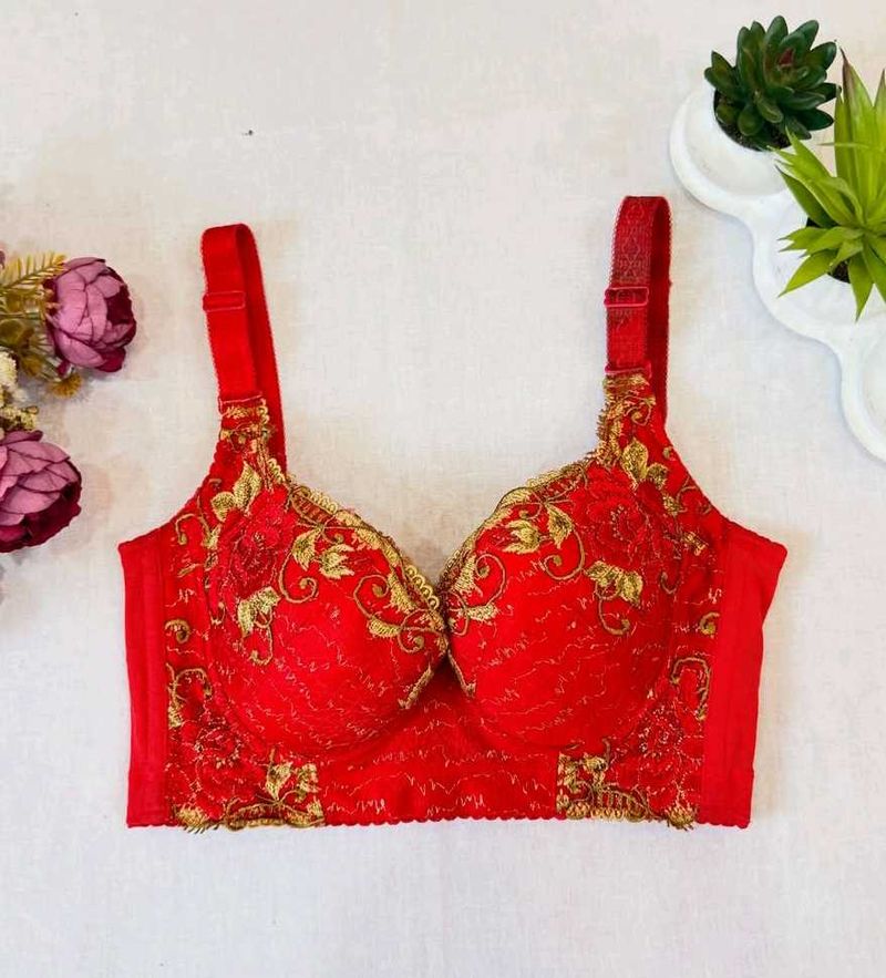 Red Embroidered Bra