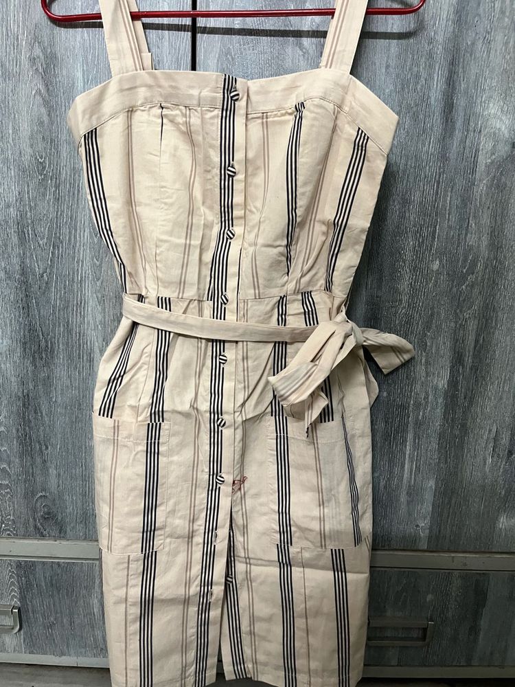 Striped Button-Up Midi Dress with Belt