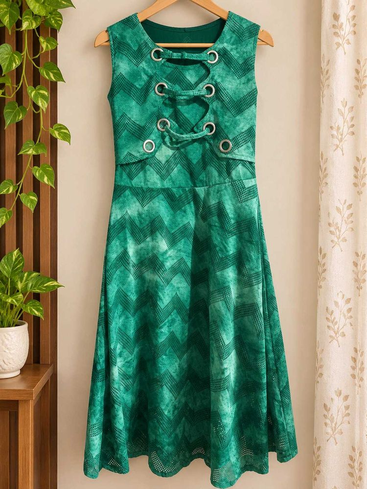 Green Tie-Dye Lace-Up Dress
