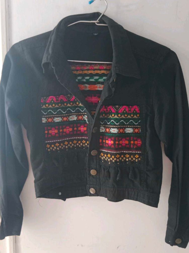 Boho Embroidered Black Denim Jacket