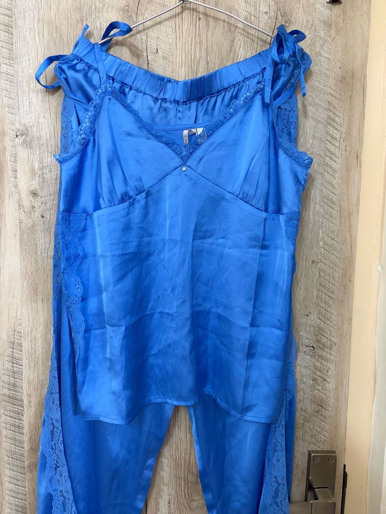 Blue Satin Lace Pajama Set