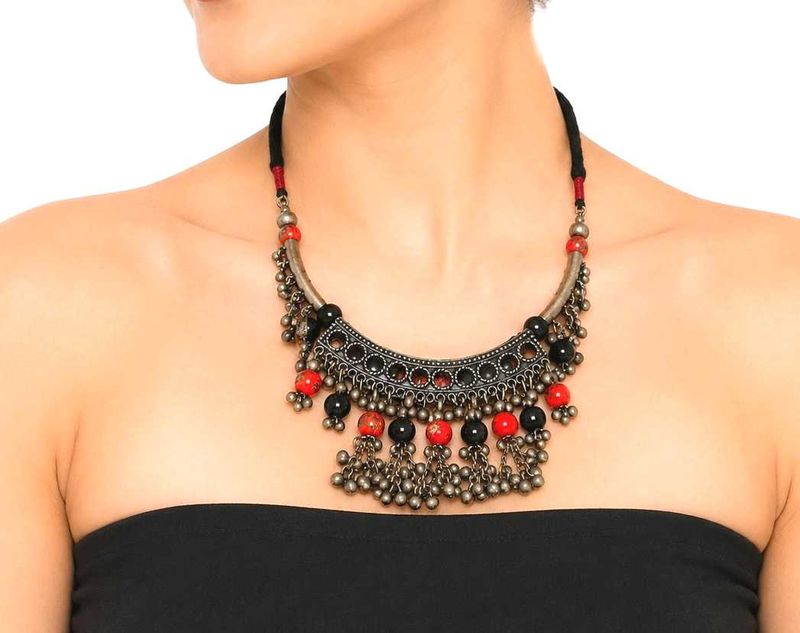 Boho Oxidized Silver Beaded Choker Necklace