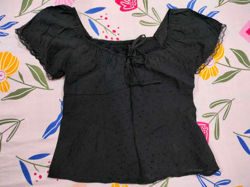 Black Square Neck Eyelet Top