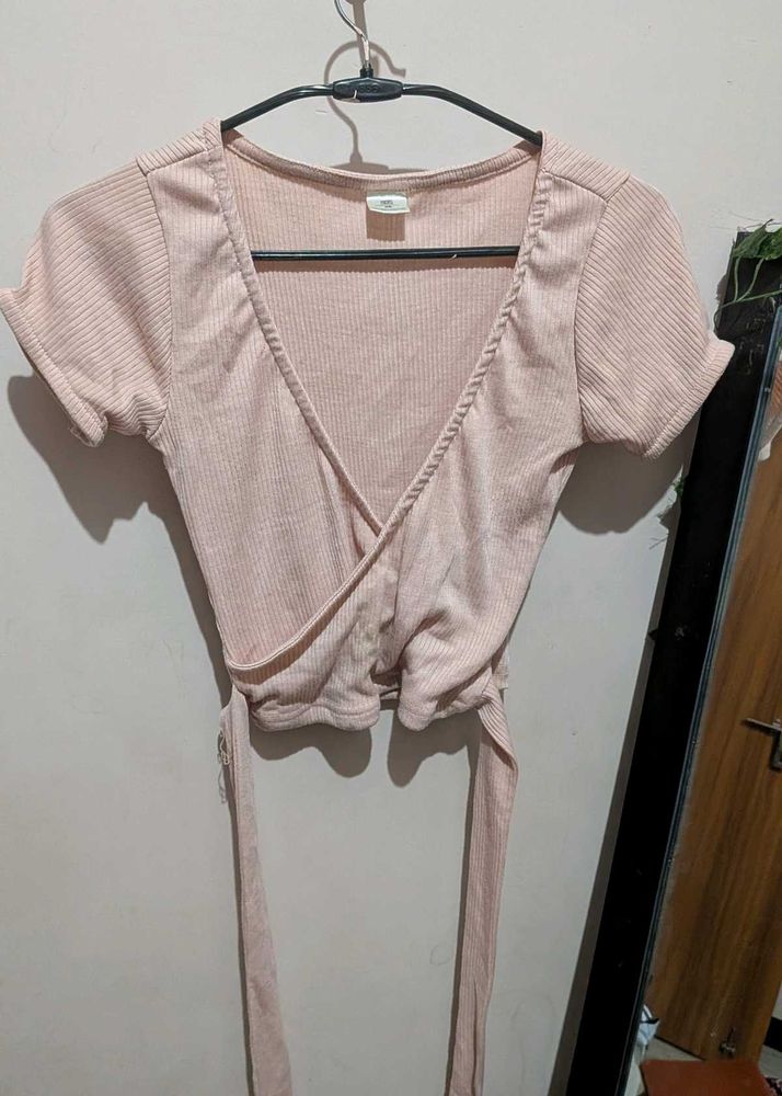 Pink Ribbed Wrap Crop Top