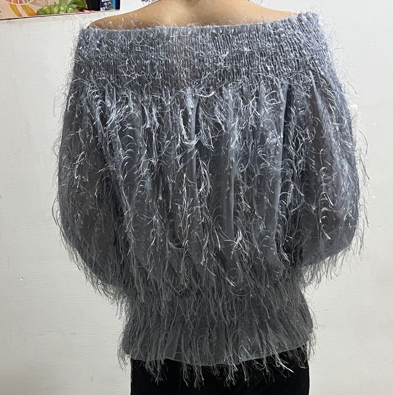 Grey Off-Shoulder Feather Trim Top