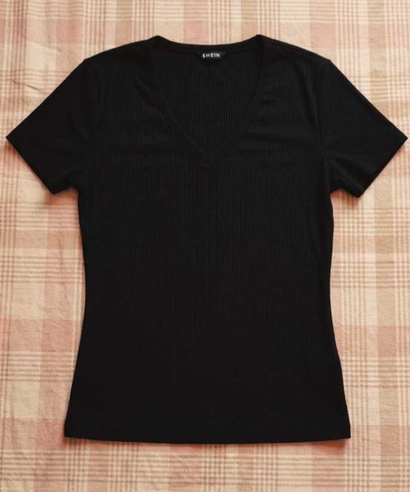 Basic Black Ribbed V-Neck T-Shirt