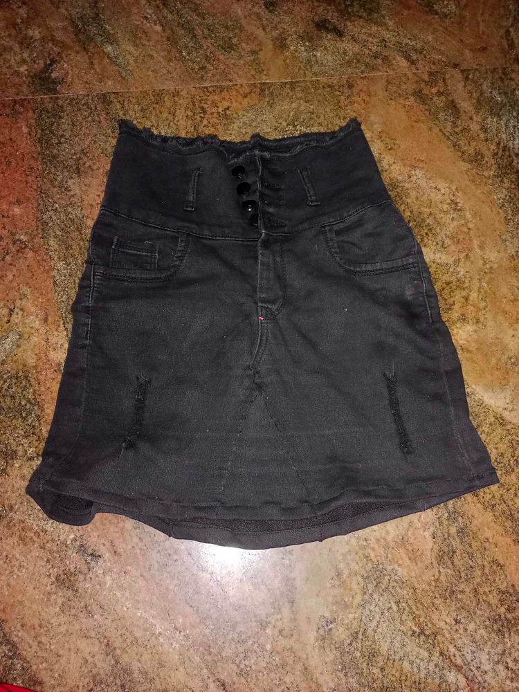 Black High-Waisted Denim Mini Skirt