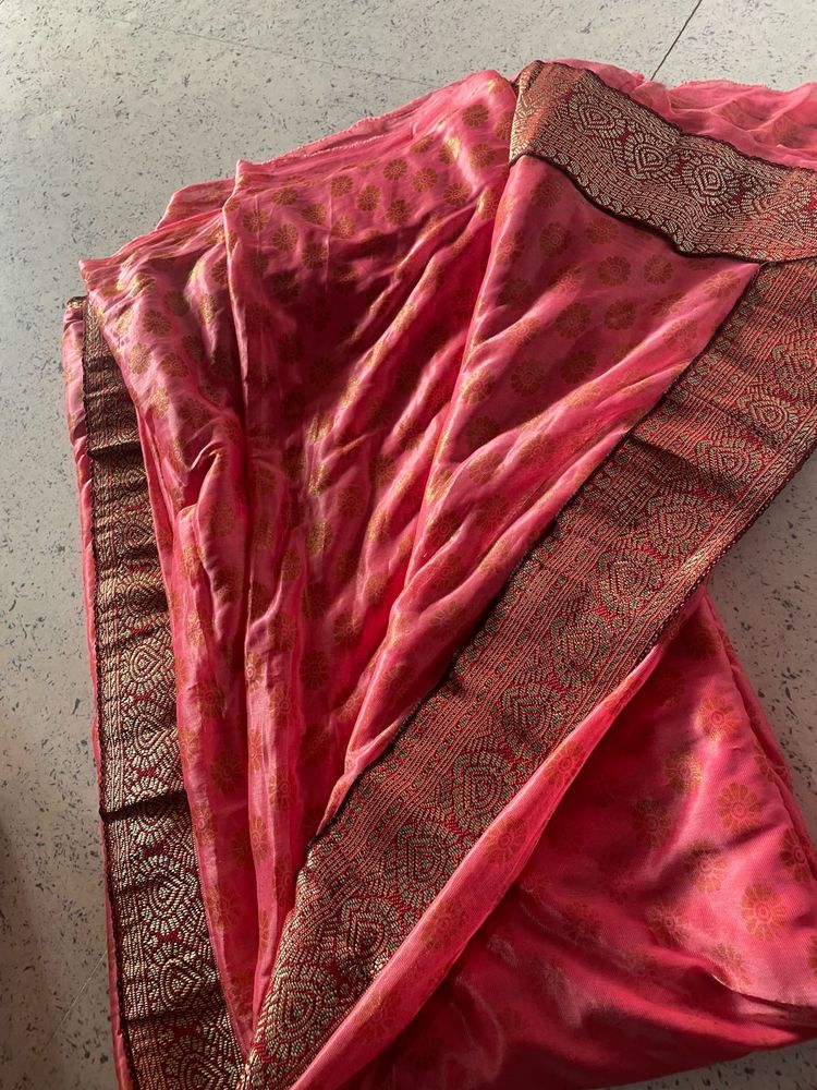 Beautiful Pink Saree with Gold Print