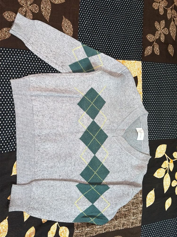Grey Argyle V-Neck Sweater