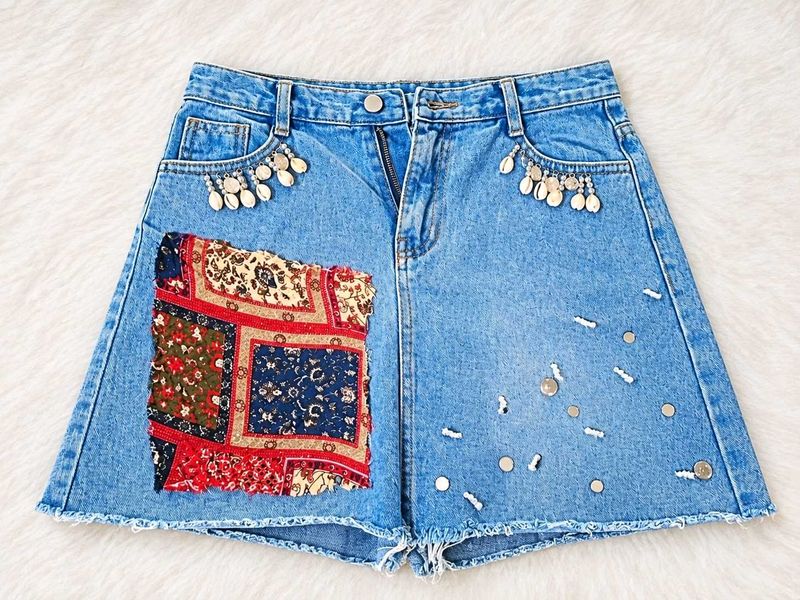 Boho Patchwork Denim Shorts
