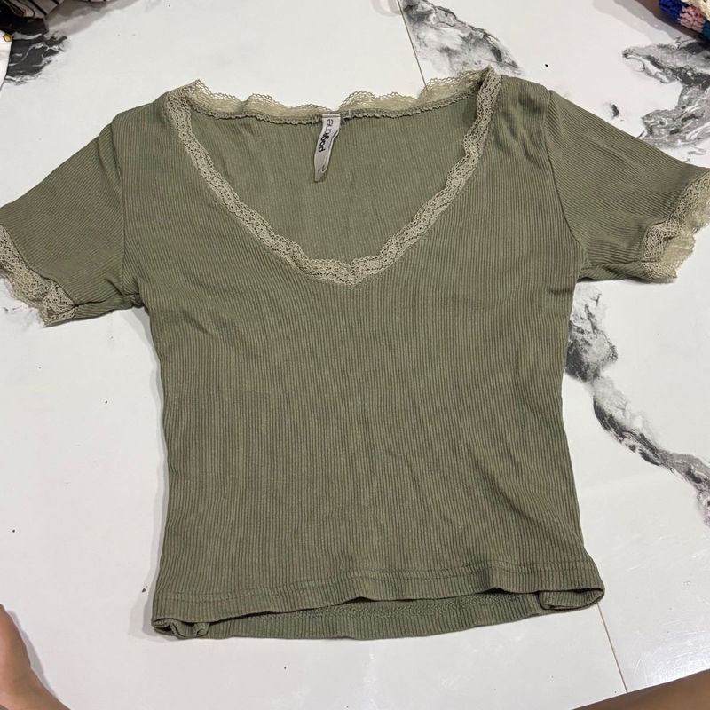 Sage Green Lace Trim V-Neck Top