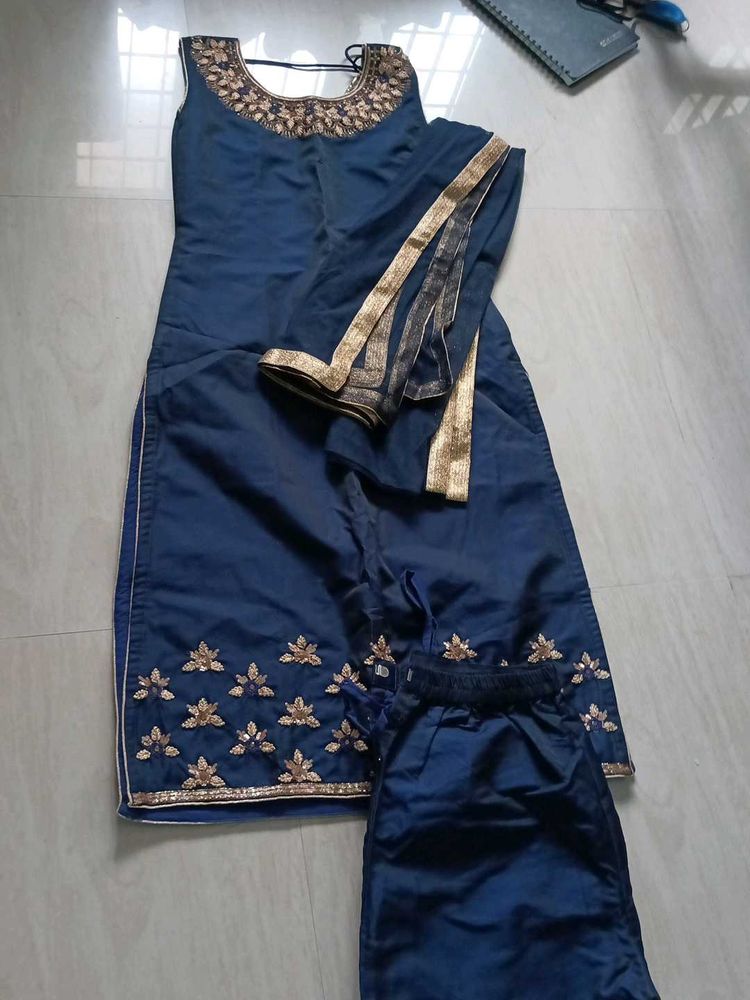 Blue Embroidered Kurta Set with Dupatta