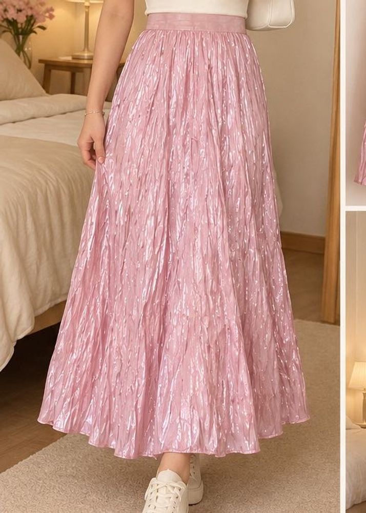 Pink Crushed Effect Midi Skirt