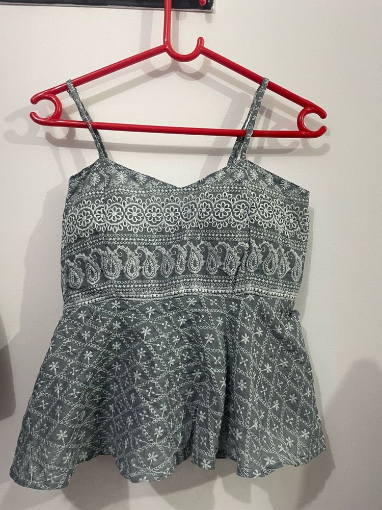 Stylish Grey Embroidered Peplum Top