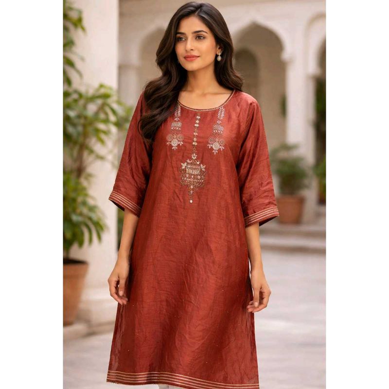 Elegant Rust Embroidered Kurta