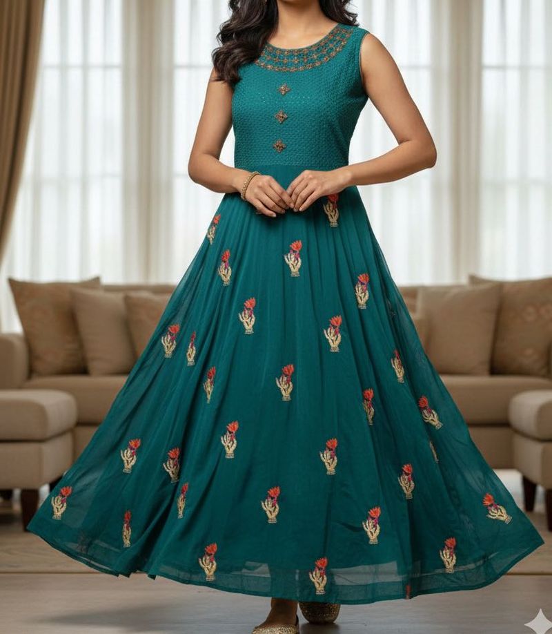 Elegant Teal Embroidered gown
