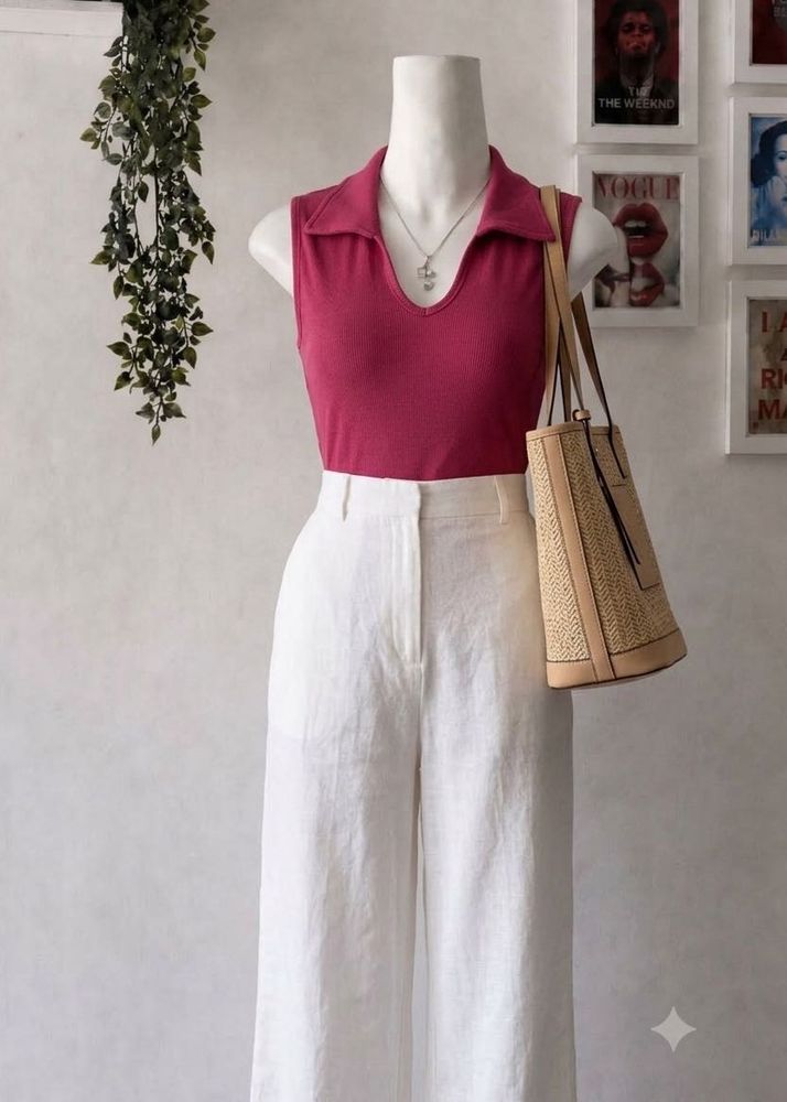 Hot Pink Ribbed Collared Tank Top