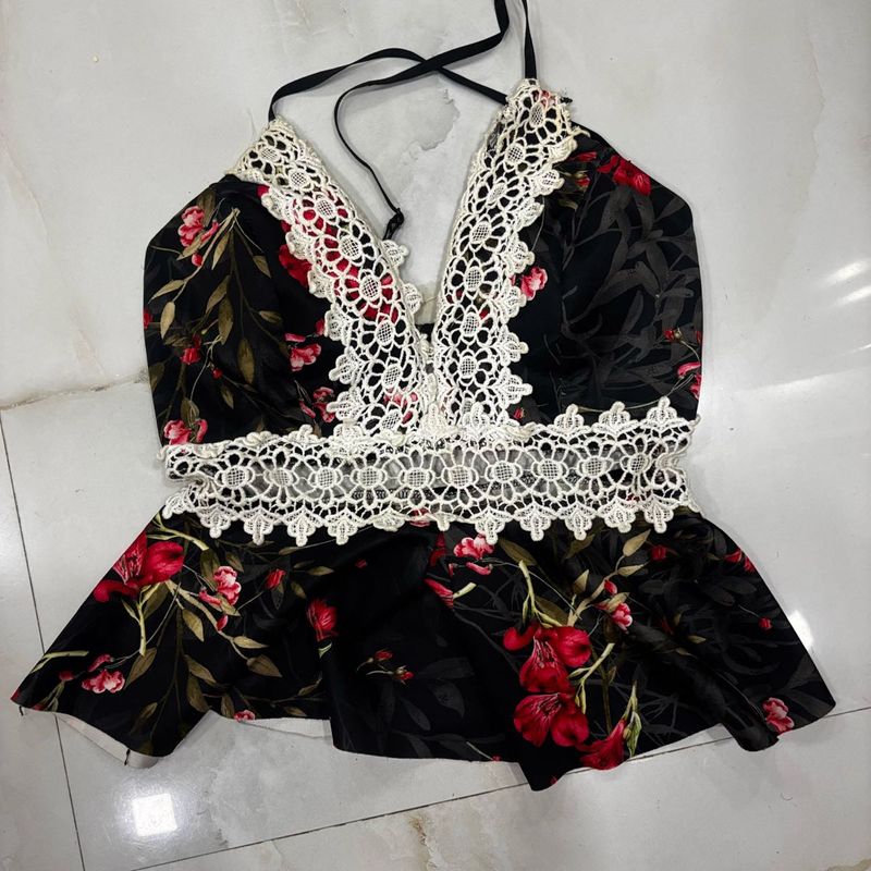 Floral Peplum Halter Top with Lace Trim