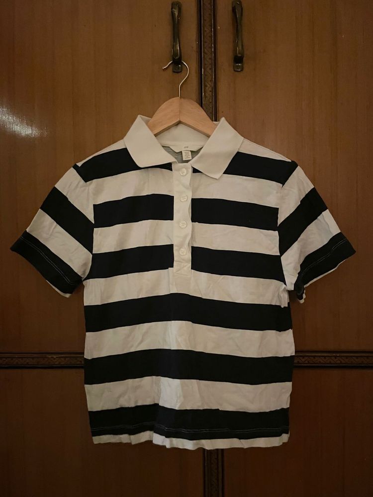 navy blue and white striped button shirt